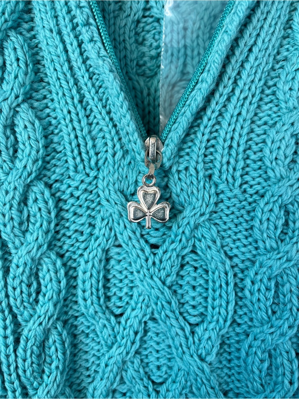 NWOT Aran Crafts Womans L Turquoise Merino Wool Cable Knit 1/4-Zip Sweater- FLAW - Picture 4 of 15